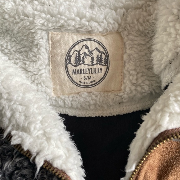 MARLEYLILLY Gray & White Sherpa with Brown Suede Detail, Oversized Hoodie - Picture 4 of 11
